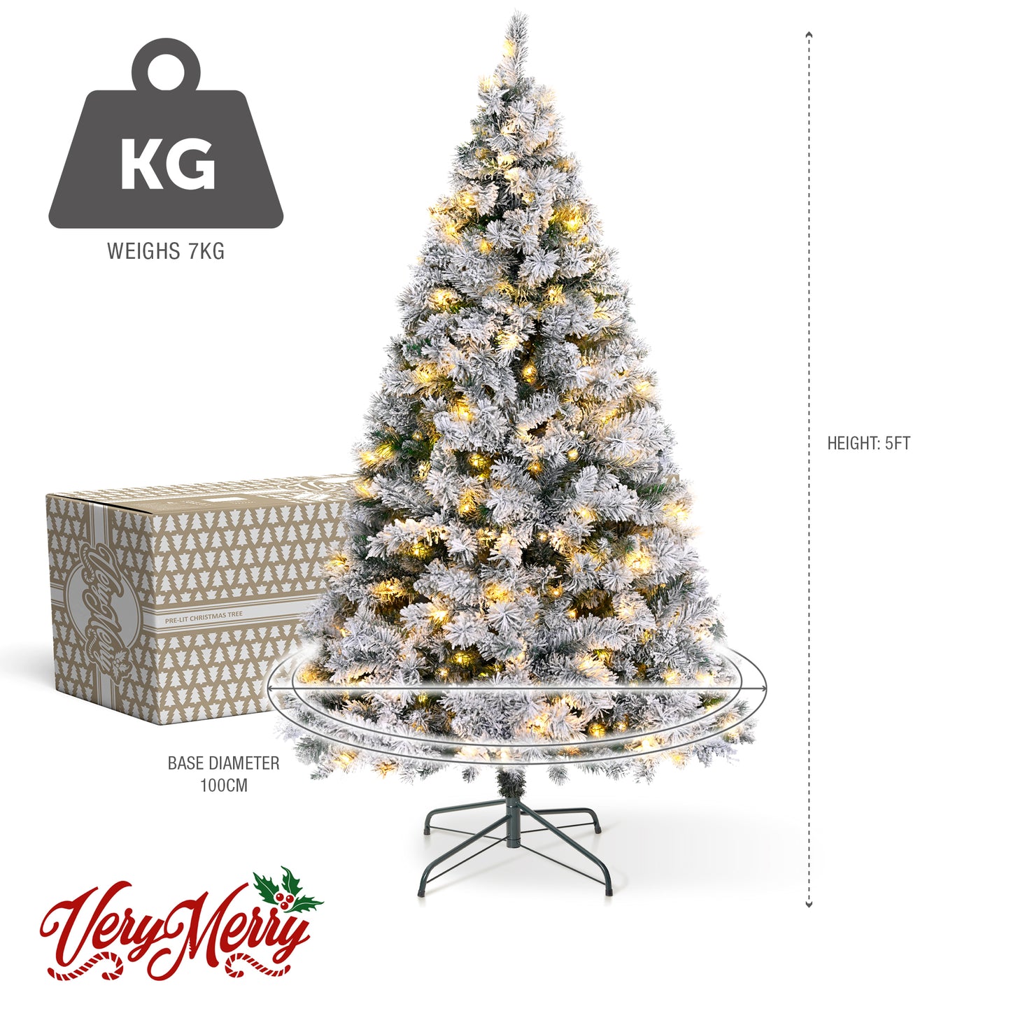 VeryMerry Pre Lit Snowy Christmas Tree with Built-In Warm White LED Lights with Auto-Off Timer
