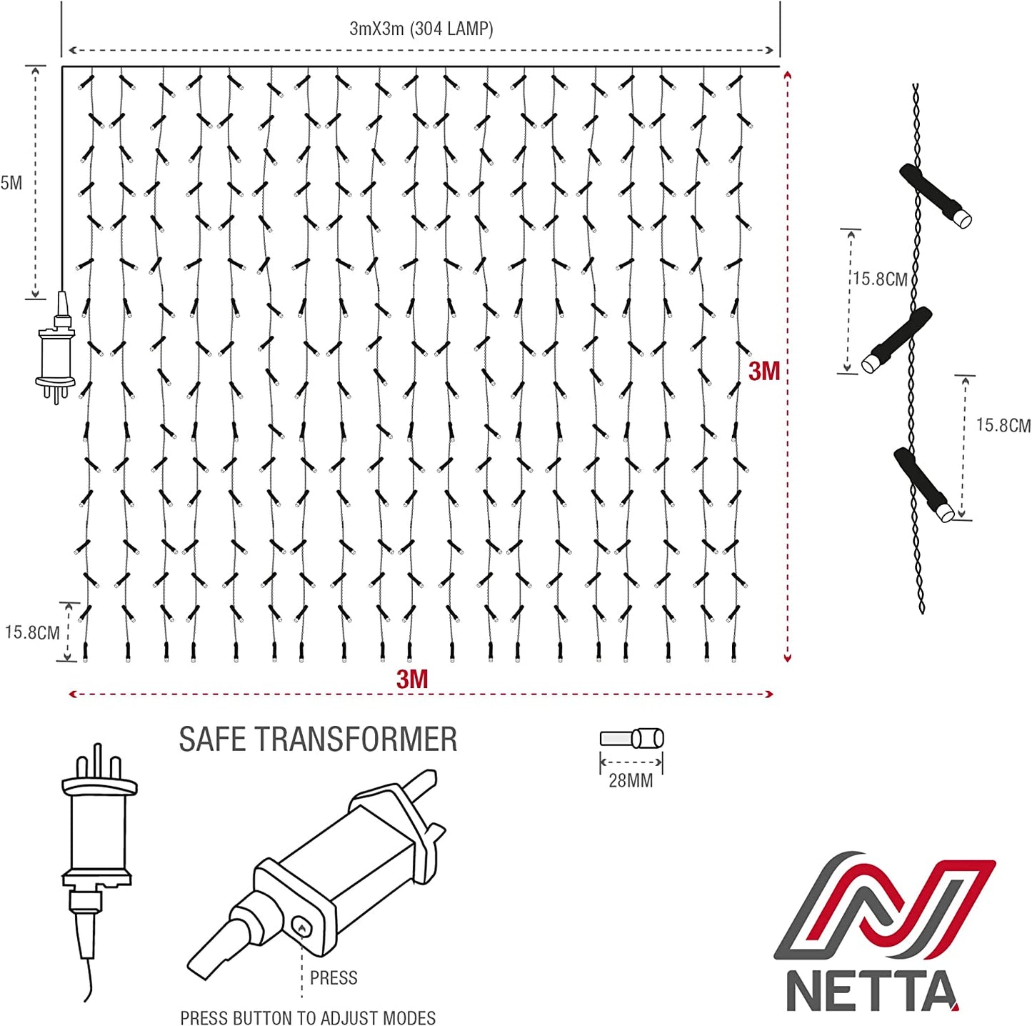 Curtain Fairy Lights, Waterproof LED With Timer 8 Mode Warm White