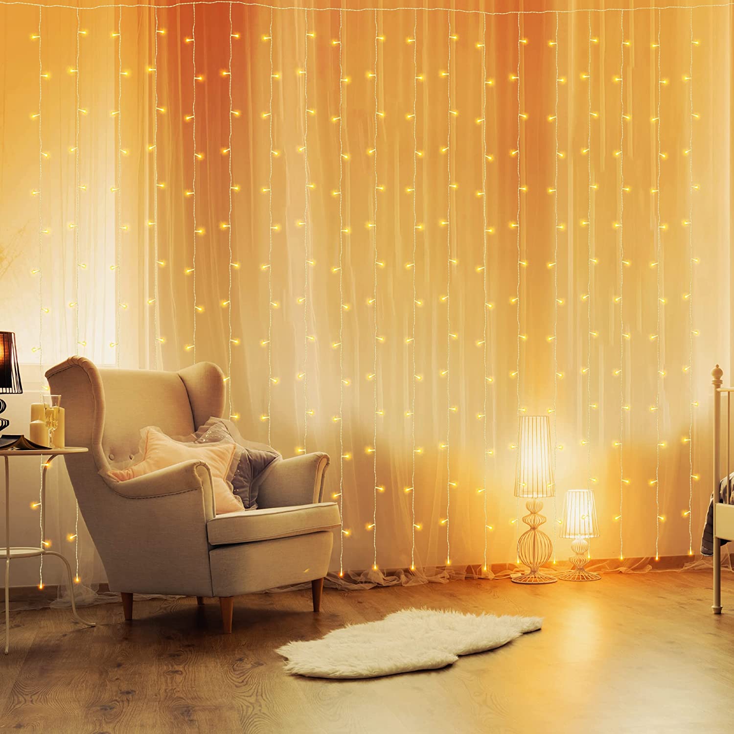 Curtain Fairy Lights, Waterproof LED With Timer 8 Mode Warm White