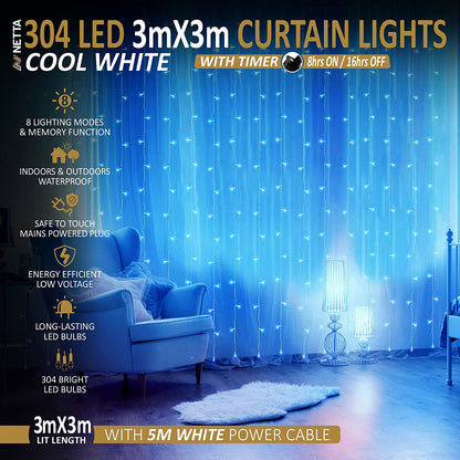 Curtain Fairy Lights, Waterproof LED With Timer 8 Mode Cool White