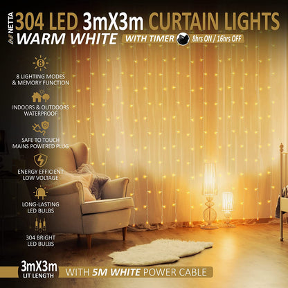 Curtain Fairy Lights, Waterproof LED With Timer 8 Mode Warm White