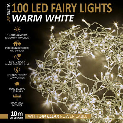 Fairy Warm White LED light with Timer -Clear Cable