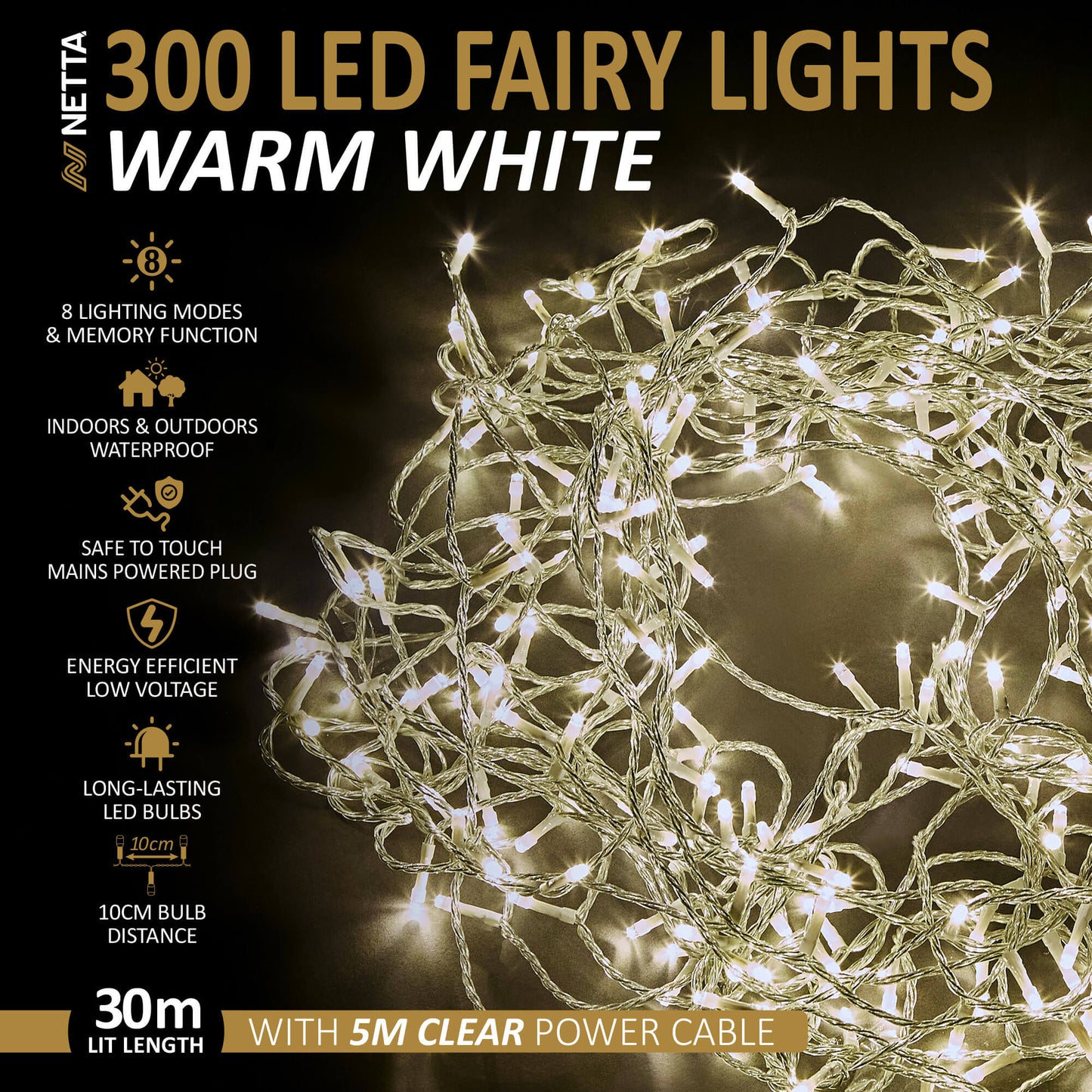 Fairy Warm White LED light with Timer -Clear Cable