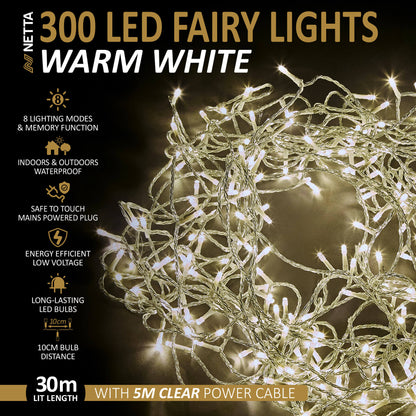 Fairy Warm White LED light with Timer -Clear Cable