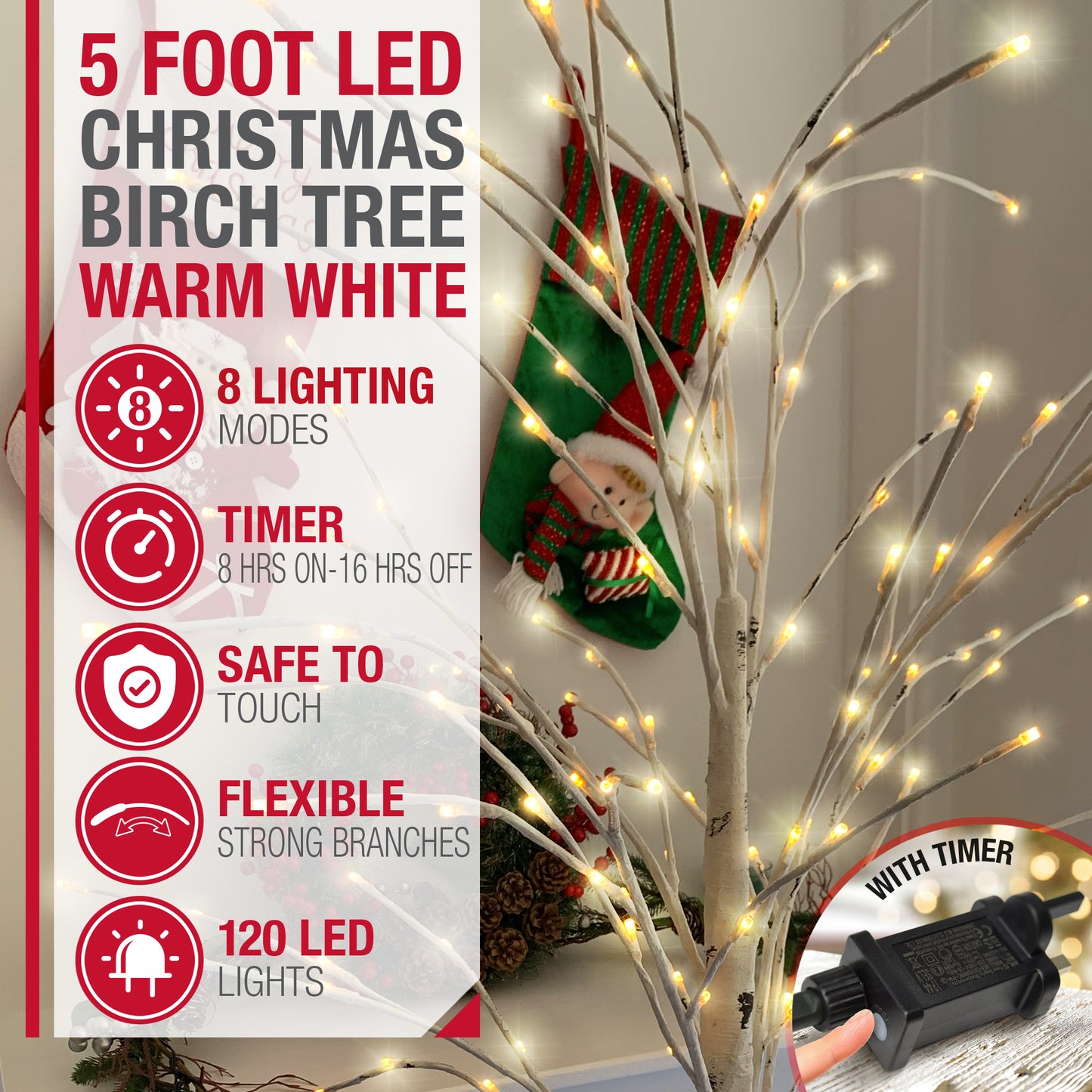 Birch Twig Warm White LED Tree with Timer -White