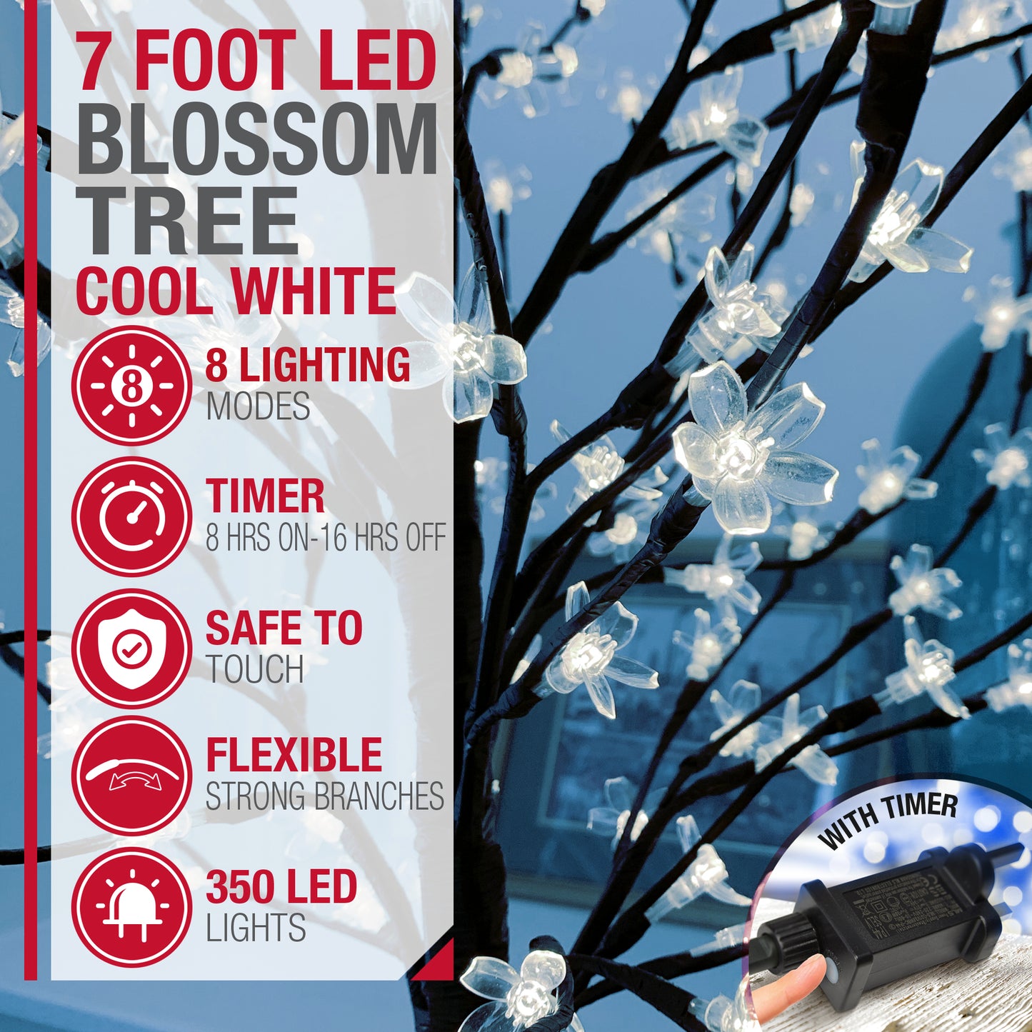 Cherry Blossom Cool White LED Tree with Timer