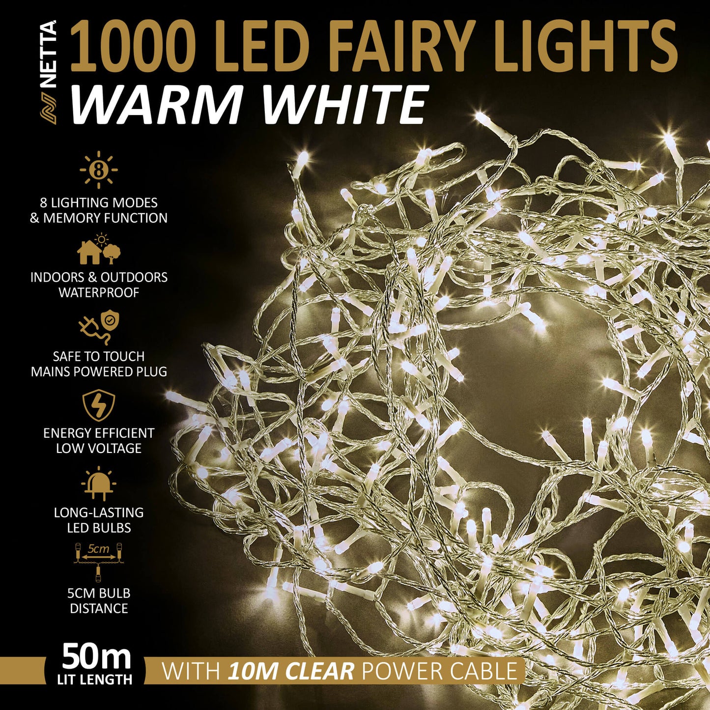 Fairy Warm White LED light with Timer -Clear Cable